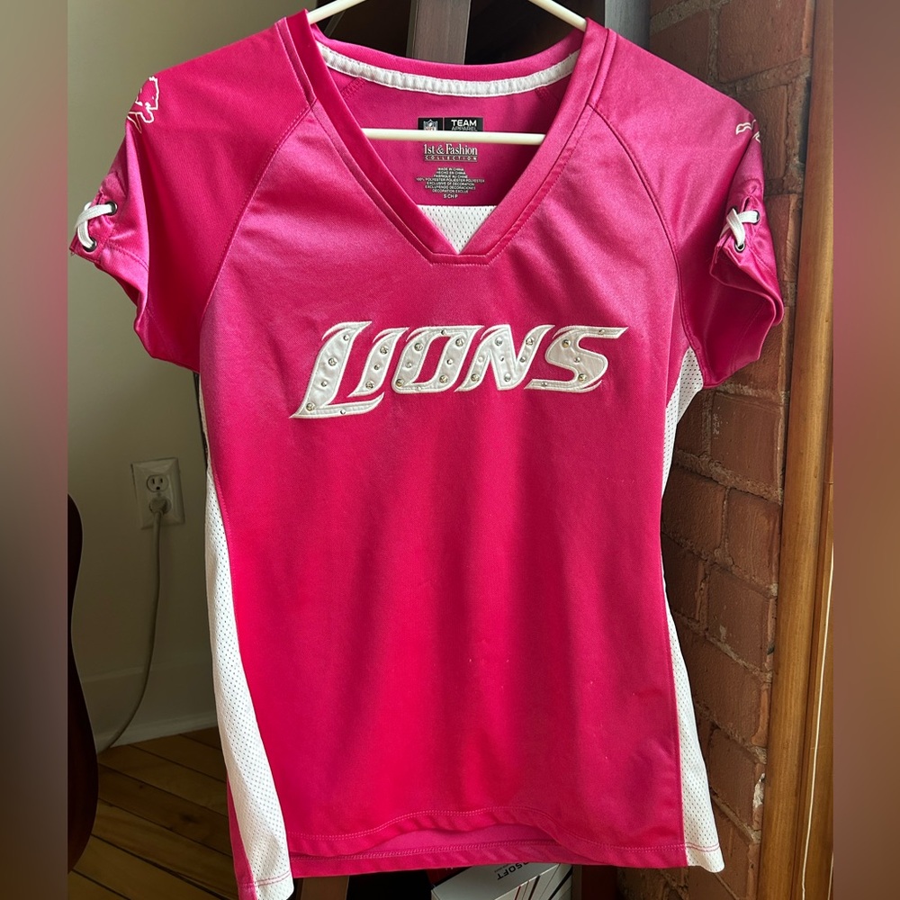 Pink and White Women’s Detroit Lions jersey